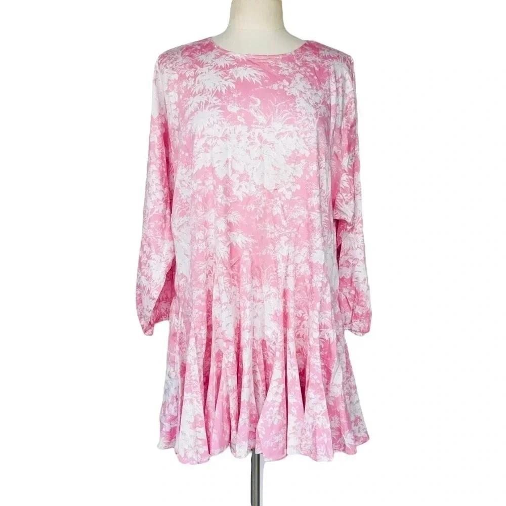 WAYF Altonia Swing Poplin Dress Pink Jungle Women’s L Belted Ruffle Long Sleeve